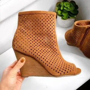 Carlos Santana Shoes Carlos Santana Suede Leather Perforated Open Toe Wedge Booties Color Tan Size 9 Fits Like 9.5 Martus s Closet